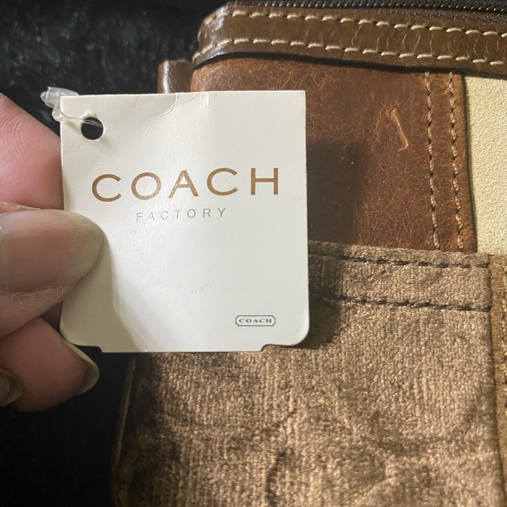 NWT Elegant Coach Patchwork Suede and Leather Brown Multi Signature Wristlet.